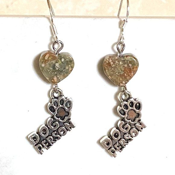 2/$20, Natural Unakite Stone Heart + Dog Person Dangle Earrings - Picture 4 of 9